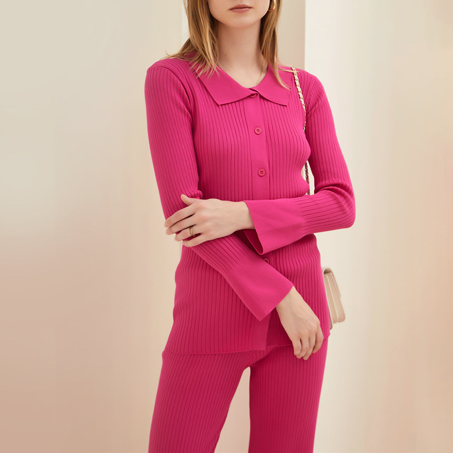 Women's button-down collar sweater and wide-leg two-piece knit set
