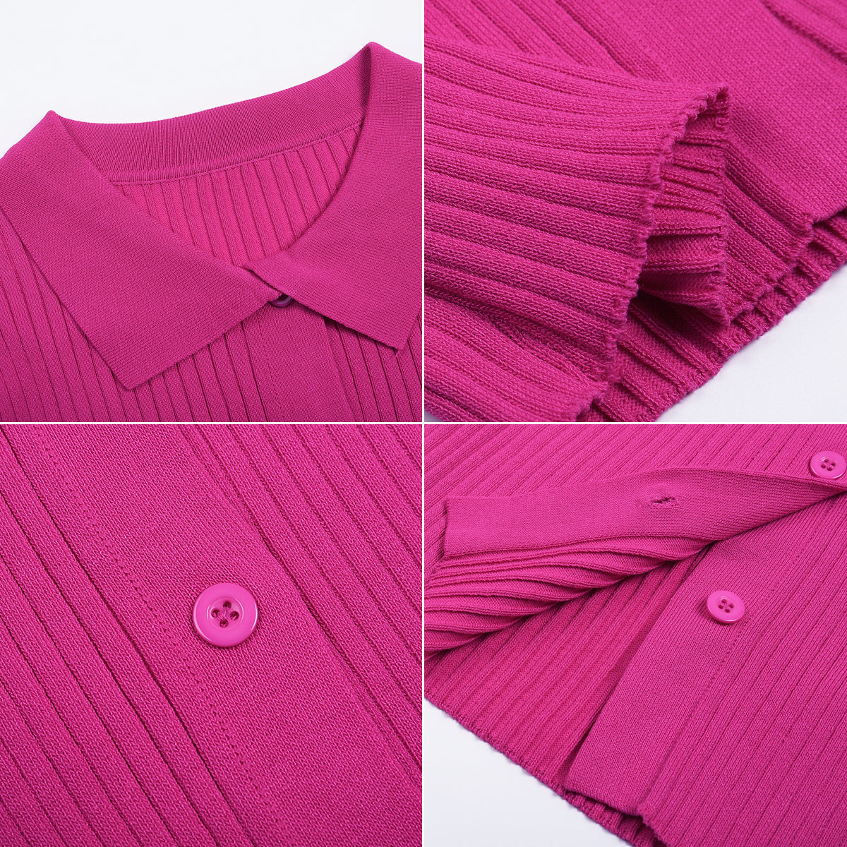 Women's Knit Set - Ribbed Texture - Collared Button-Up Top & Full-Length Pants