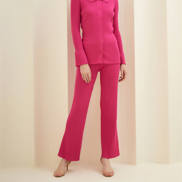 Women's button-down collar sweater and wide-leg two-piece knit set
