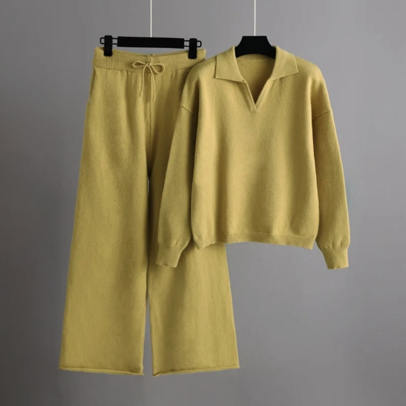Women's loose knitted roll-neck sweater set with wide-leg pants