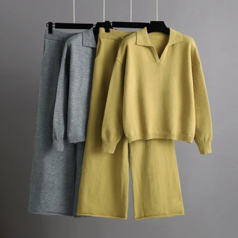 Women's loose knitted roll-neck sweater set with wide-leg pants