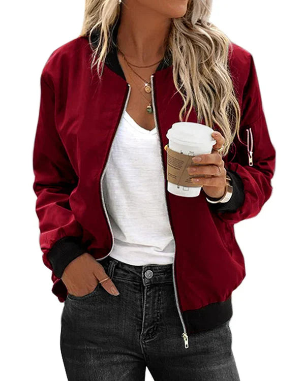 Stylish women's classic bomber jacket with pockets
