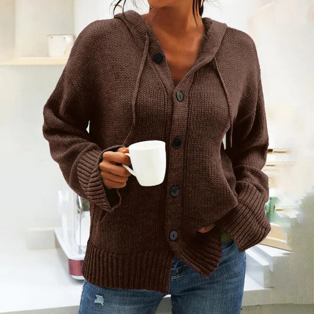 Women's solid color hooded button-down knitted cardigan