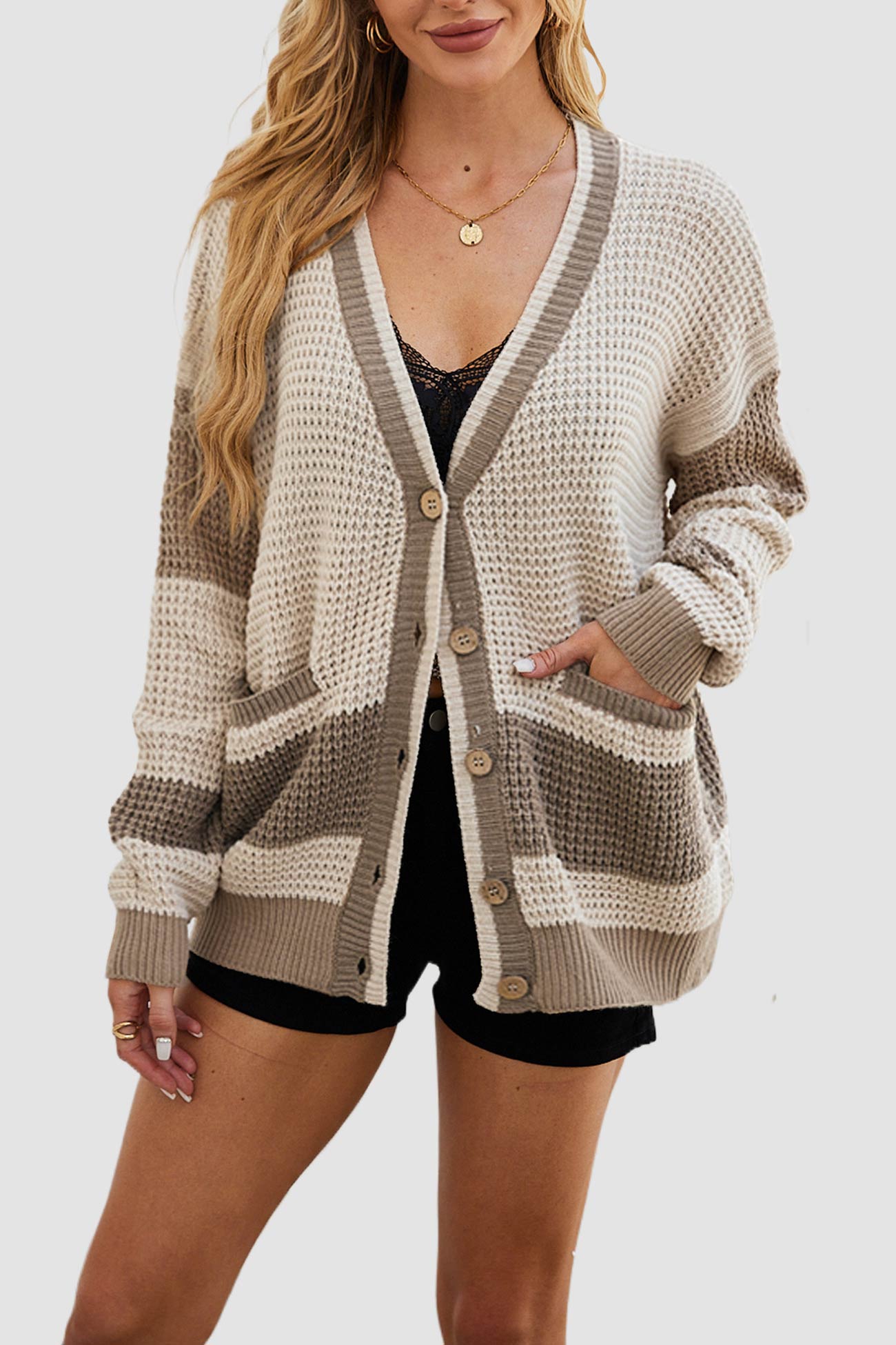 Women's V-neck color block button-down cardigan