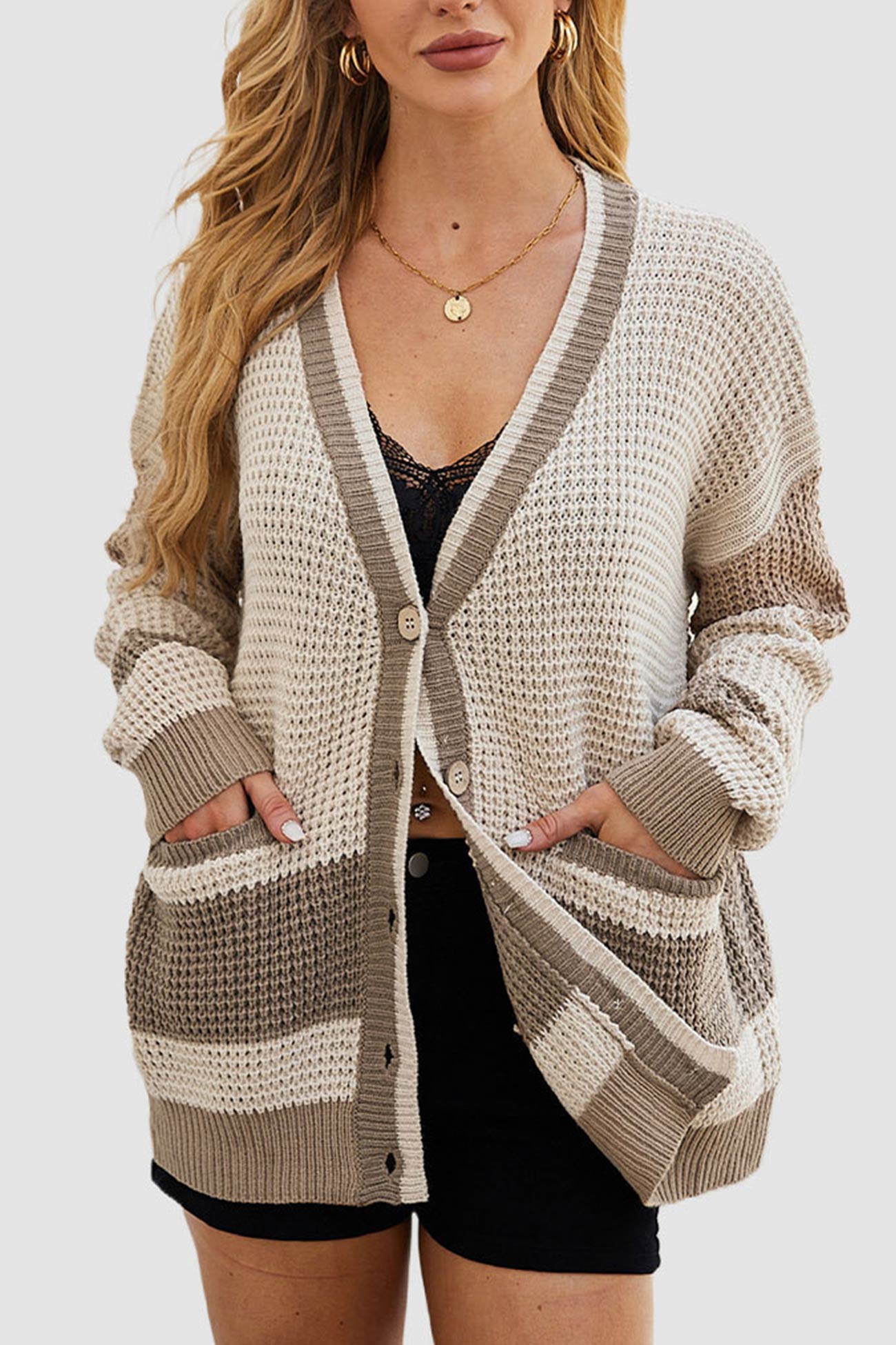 Women's V-neck color block button-down cardigan
