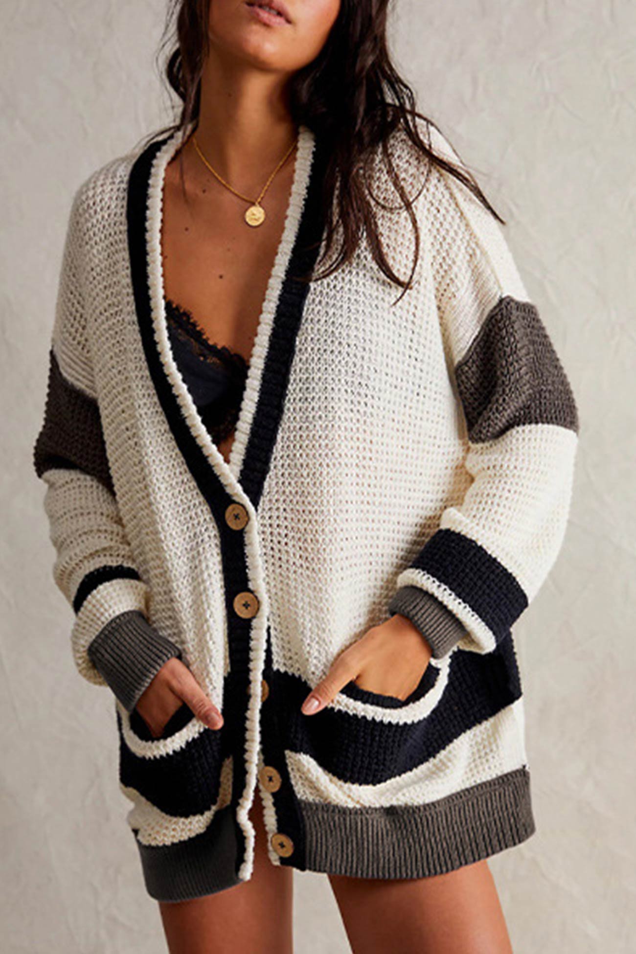 Women's V-neck color block button-down cardigan
