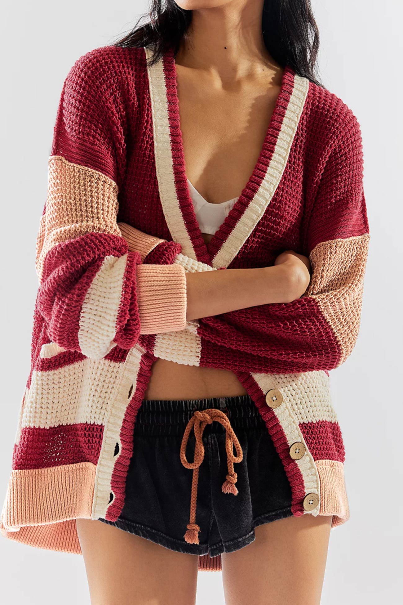 Women's V-neck color block button-down cardigan