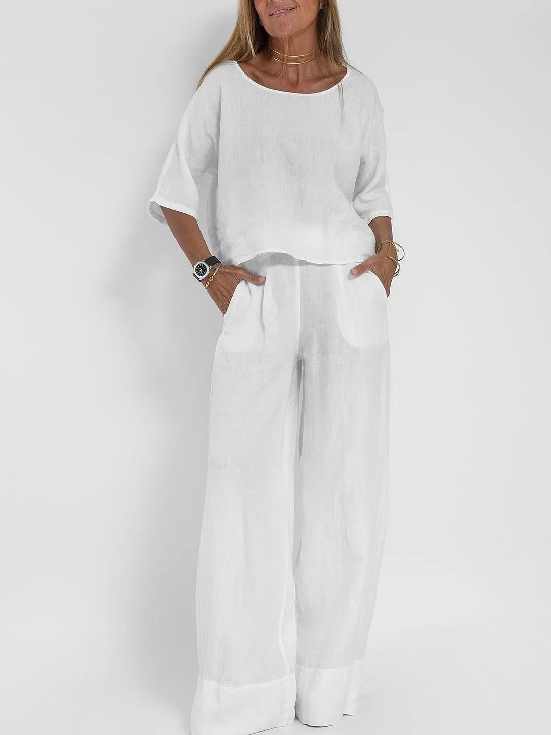 Two-piece wide-leg pant set with oversized top for women
