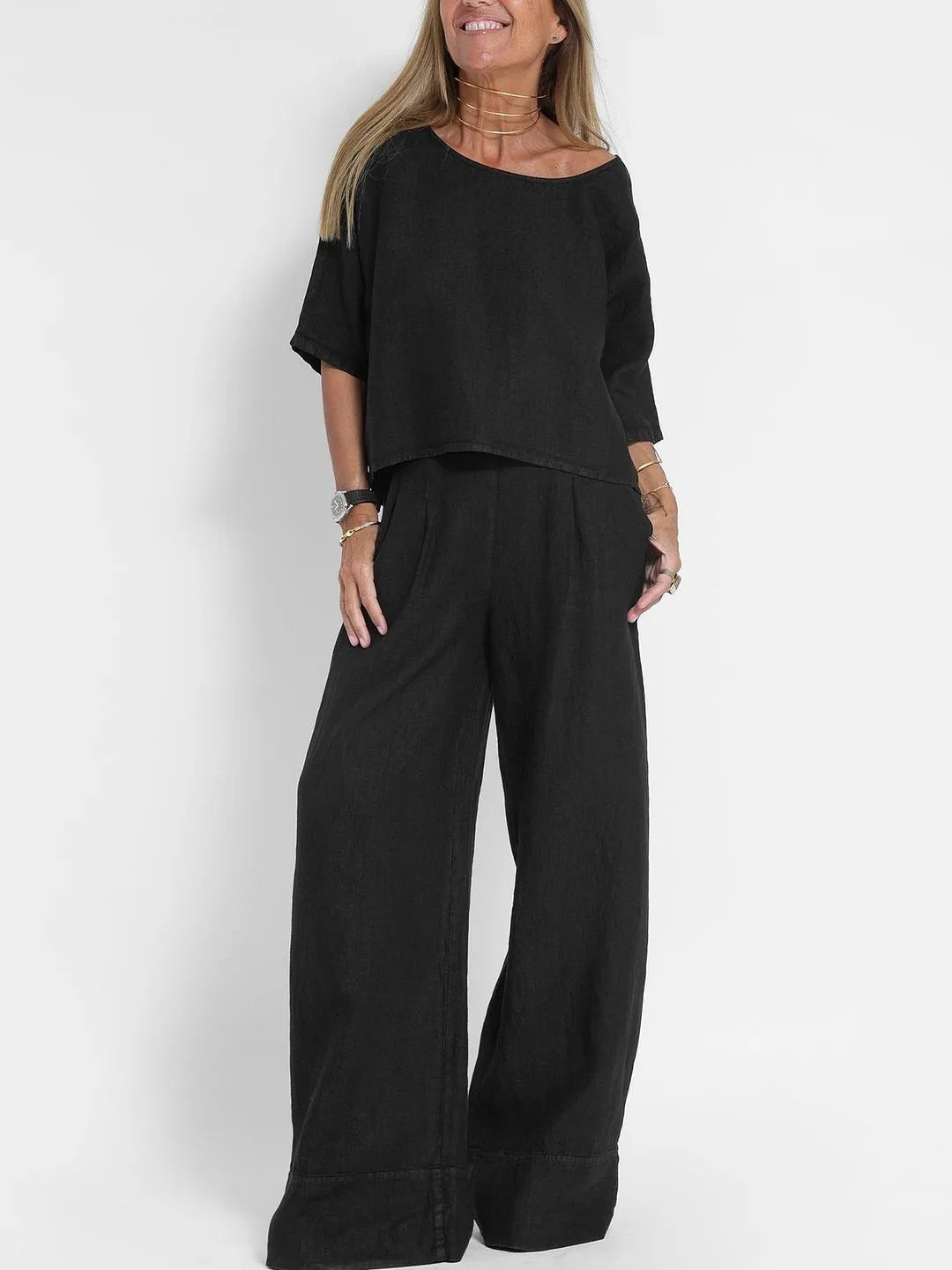 Two-piece wide-leg pant set with oversized top for women