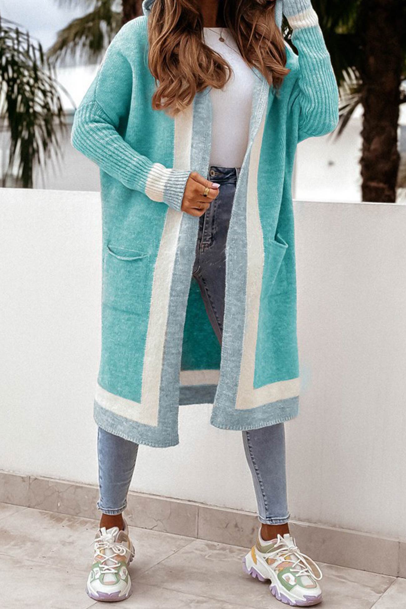 Women's contrast hoodie open front cardigan
