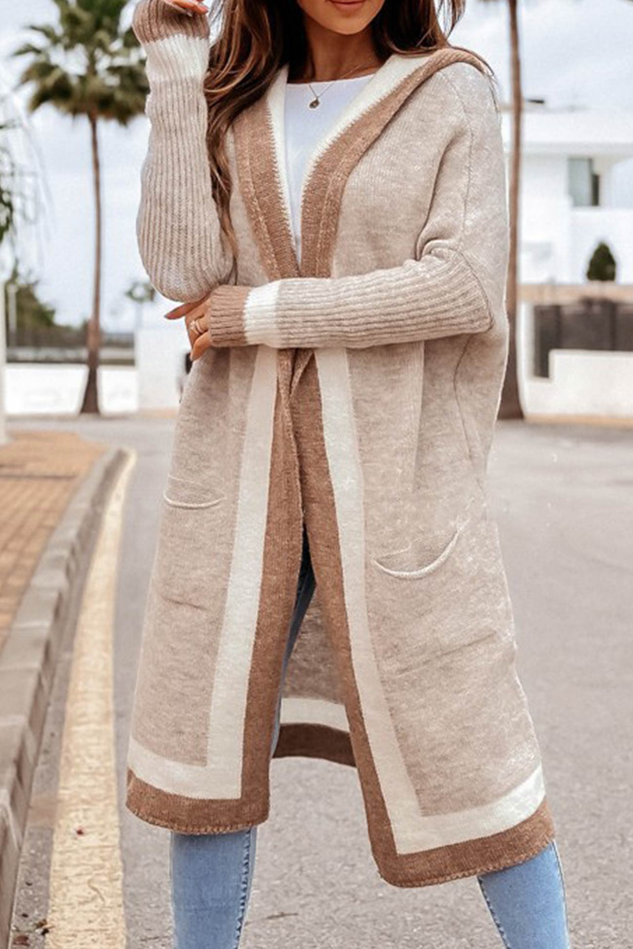 Women's contrast hoodie open front cardigan