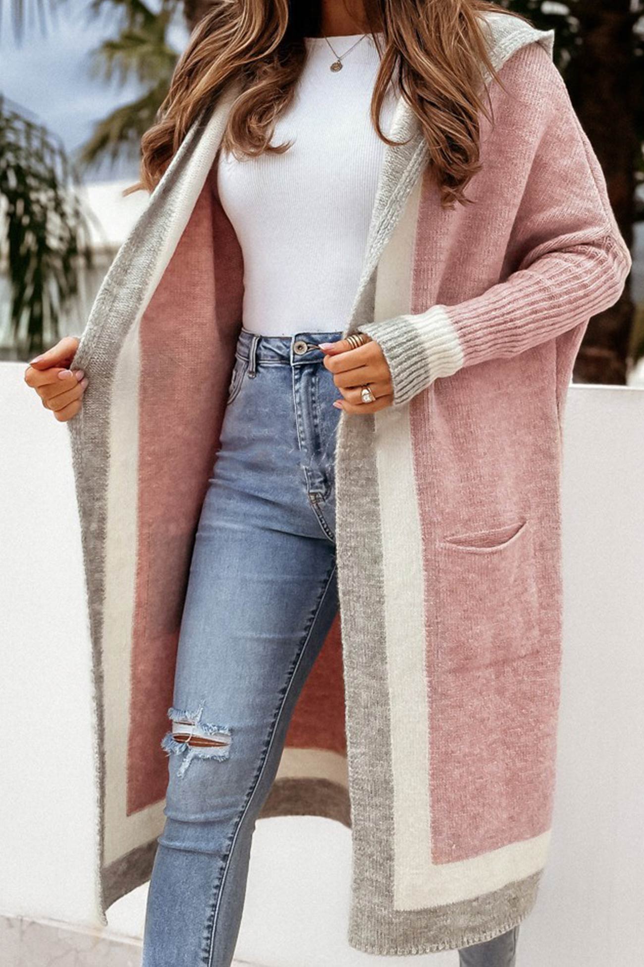 Women's contrast hoodie open front cardigan