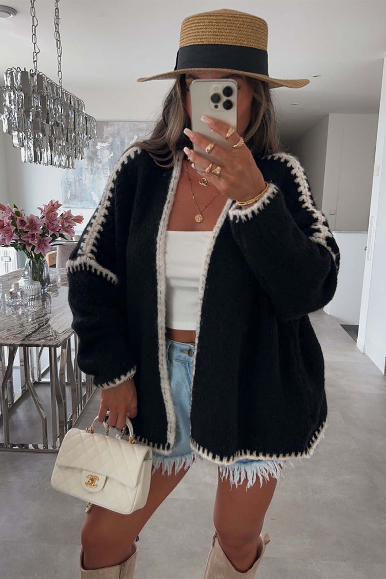 Women's contrast loose drop shoulder cardigan
