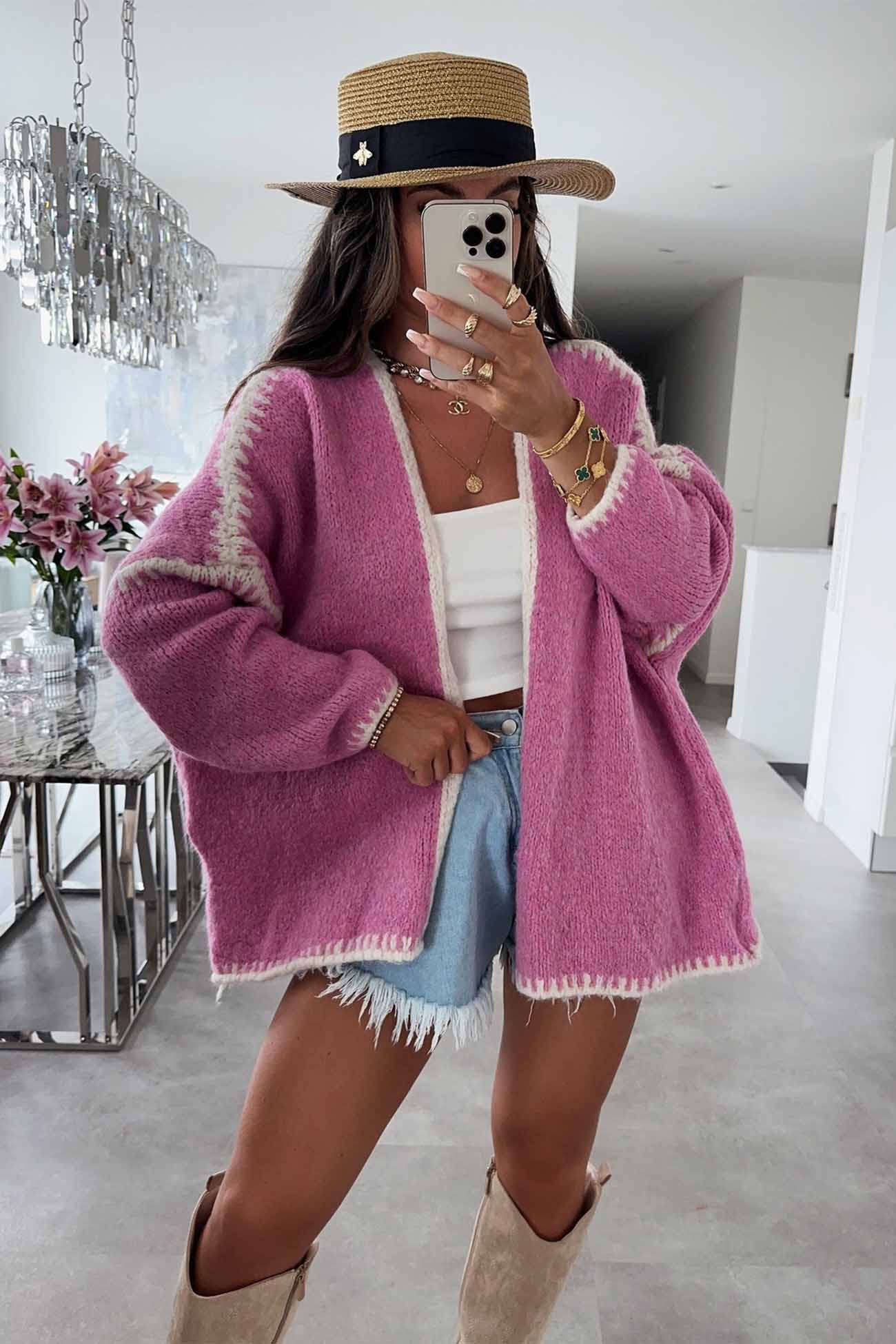 Women's contrast loose drop shoulder cardigan