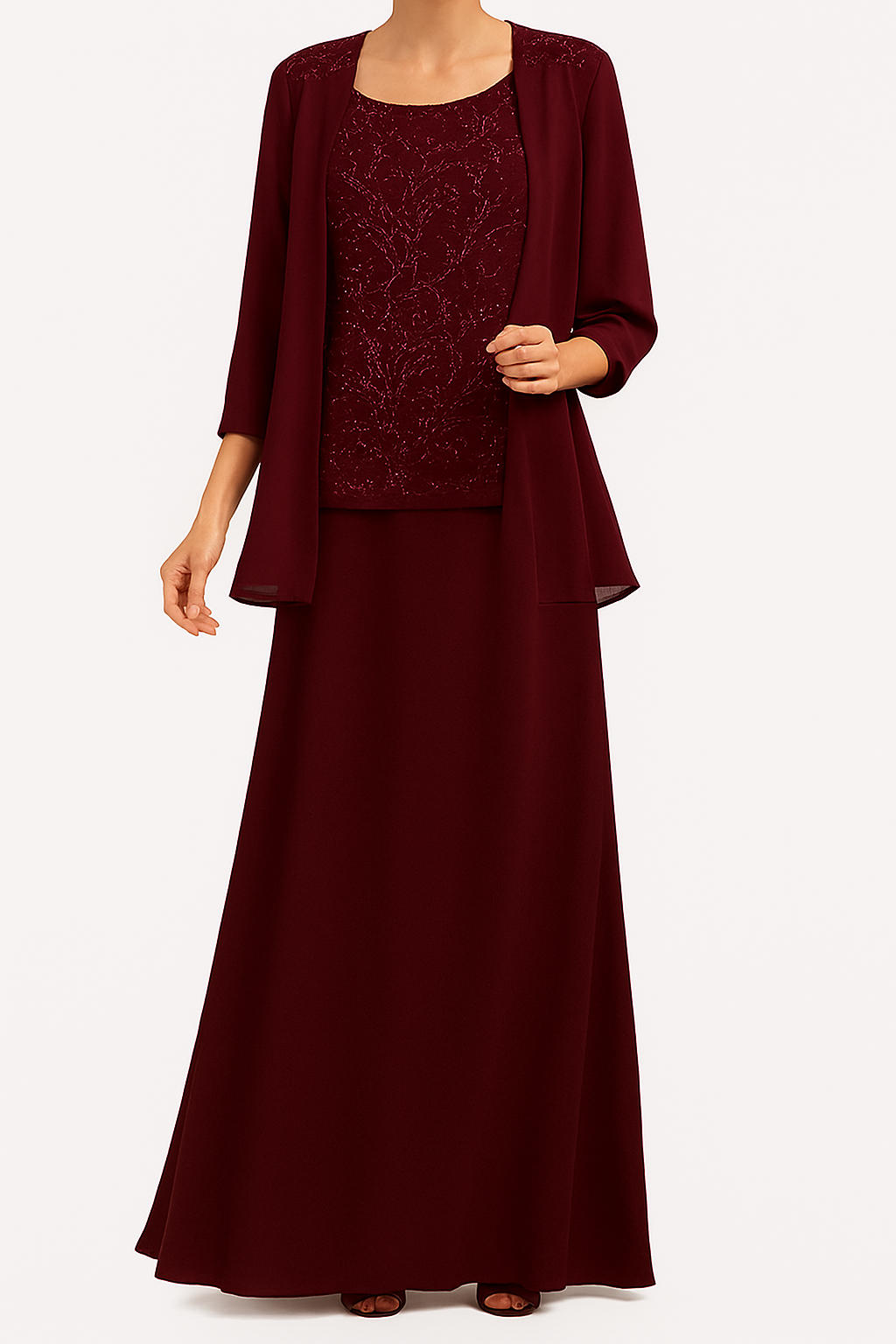 Women’s 2 Pieces Jacket Chiffon Lace Dress - 3/4 Sleeve Evening Gown