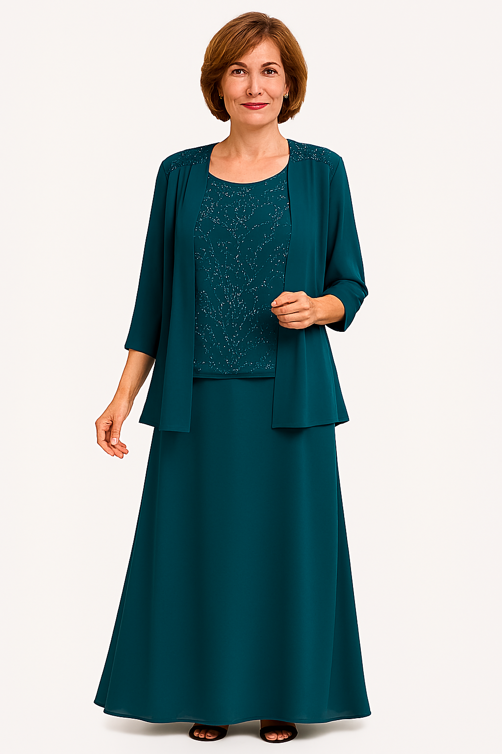 Women’s 2 Pieces Jacket Chiffon Lace Dress - 3/4 Sleeve Evening Gown