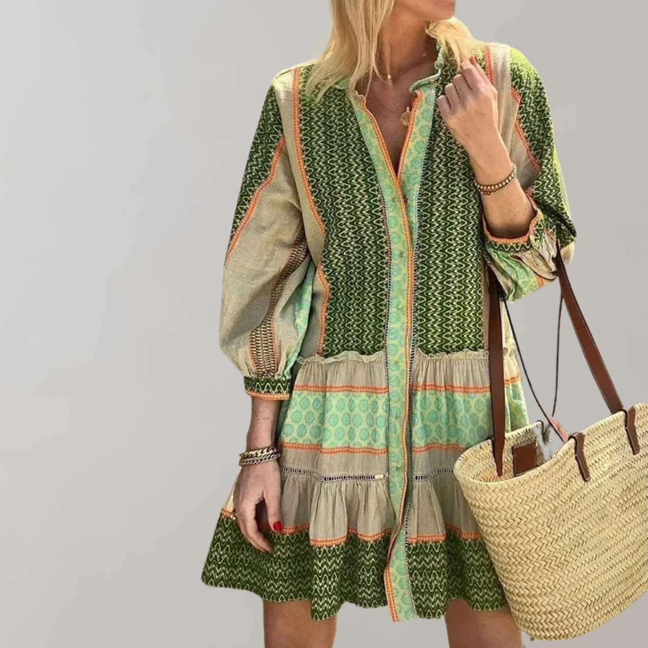 Women's Bohemian Mini Dress - Lightweight Flowy Tunic - Long Sleeve Ruffled Tier