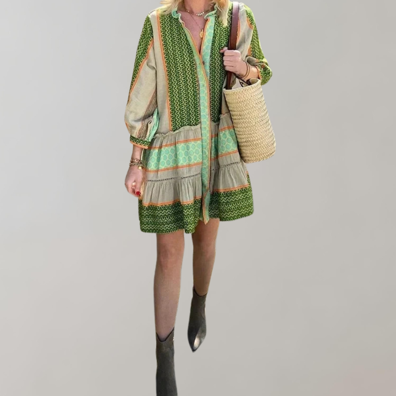 Women's Bohemian Mini Dress - Lightweight Flowy Tunic - Long Sleeve Ruffled Tier