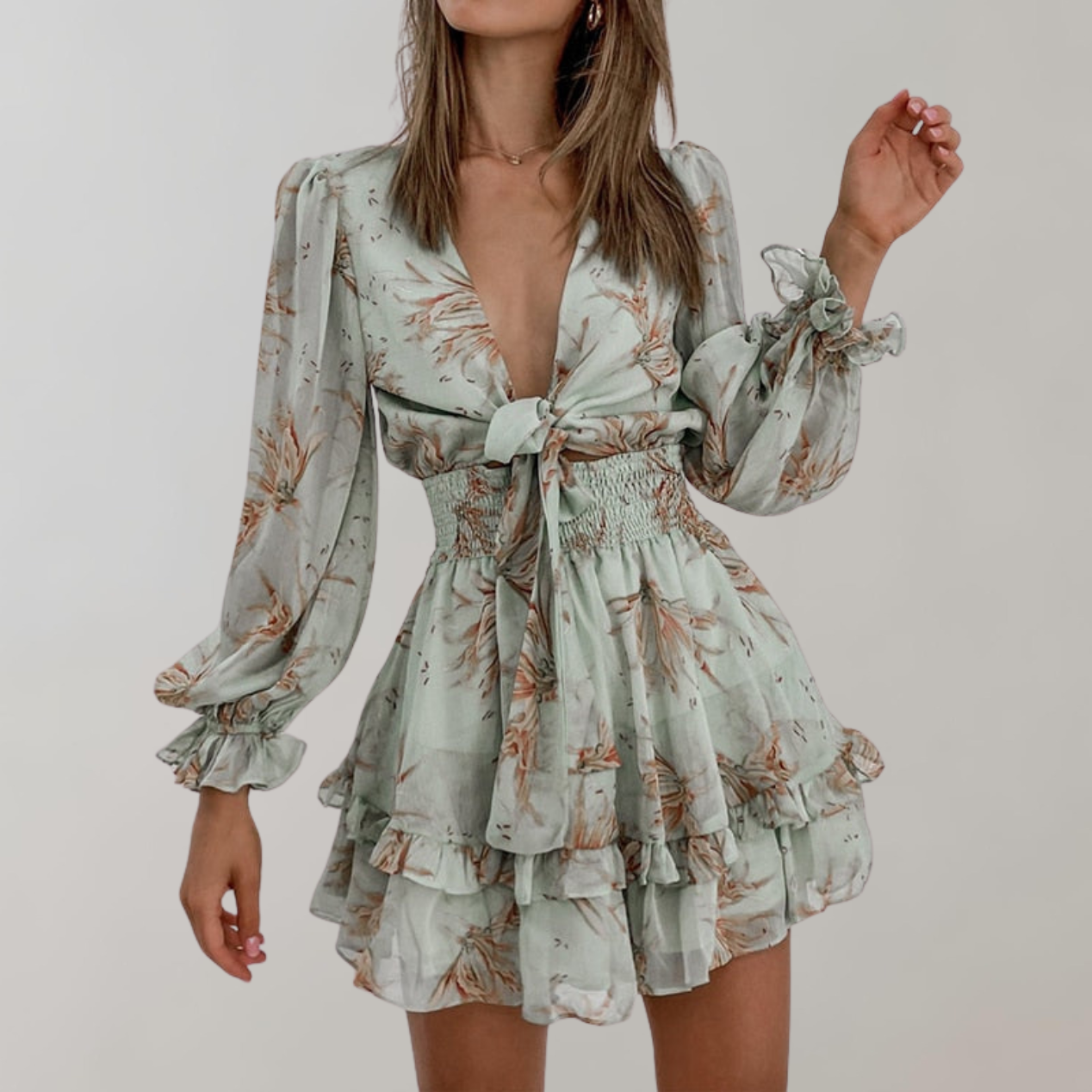 Women's Mini Dress - Deep V-Neck - Long Puff Sleeves - Waist Tie & Ruffle Hem