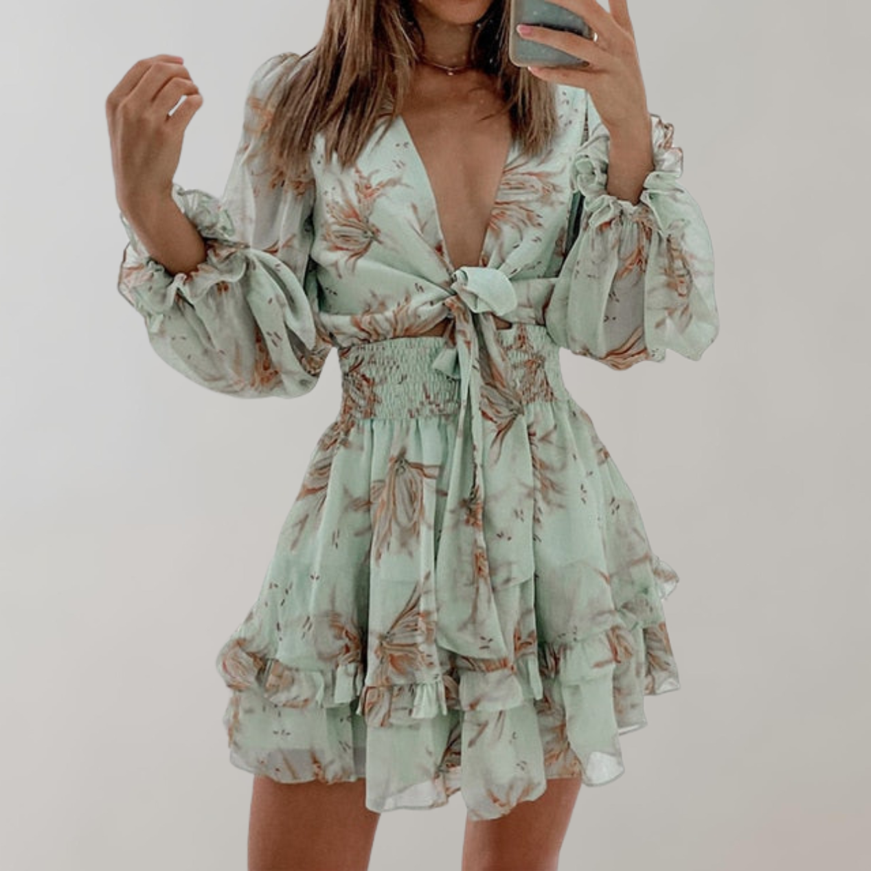 Women's Mini Dress - Deep V-Neck - Long Puff Sleeves - Waist Tie & Ruffle Hem