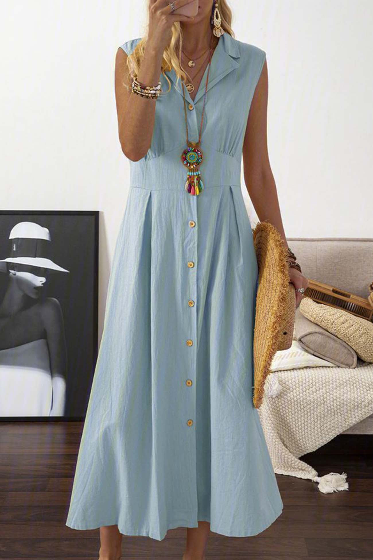 Women's Sleeveless Midi Dress - Button-Down - Collared Neckline - Flowy Elegant Fit