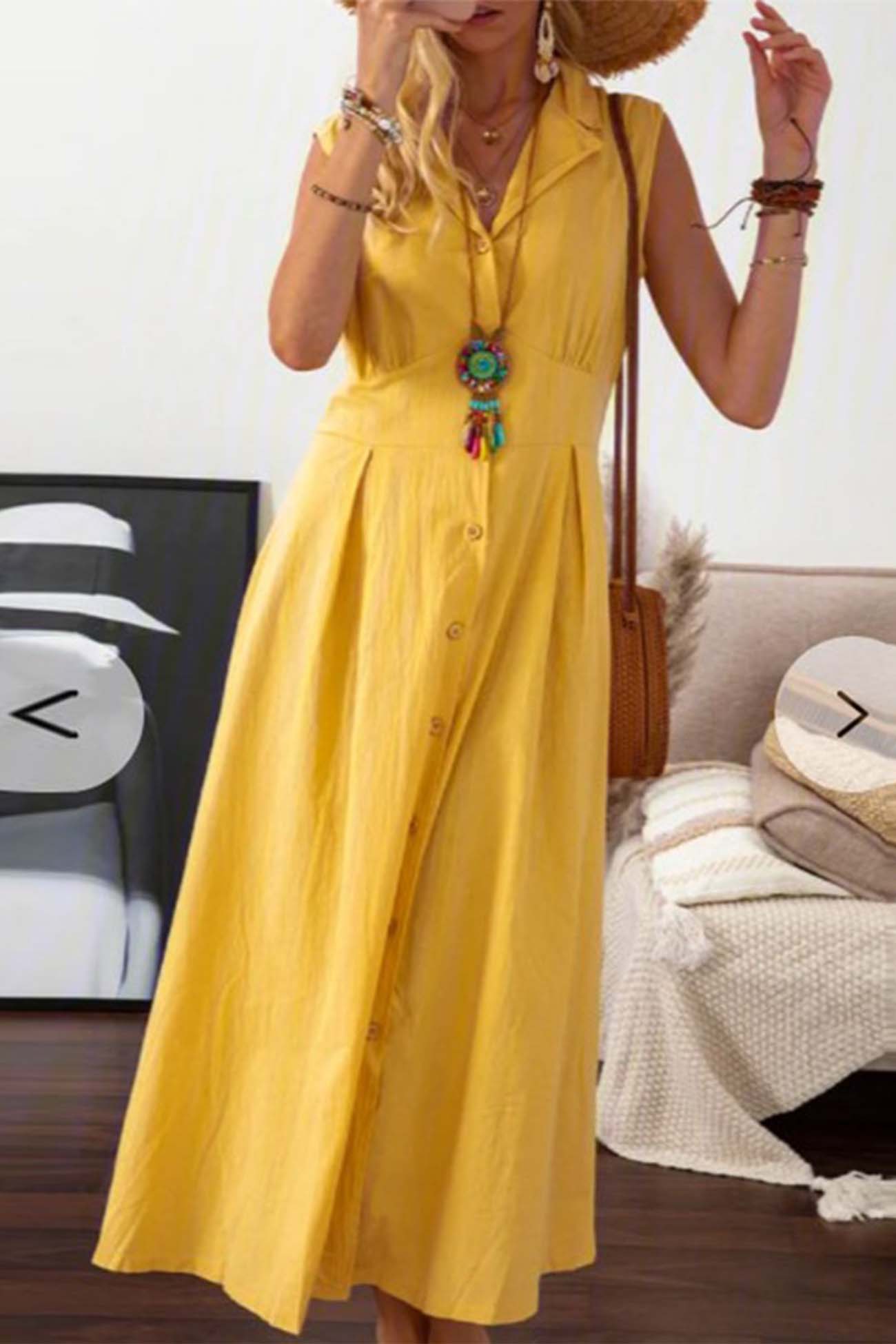 Women's Sleeveless Midi Dress - Button-Down - Collared Neckline - Flowy Elegant Fit