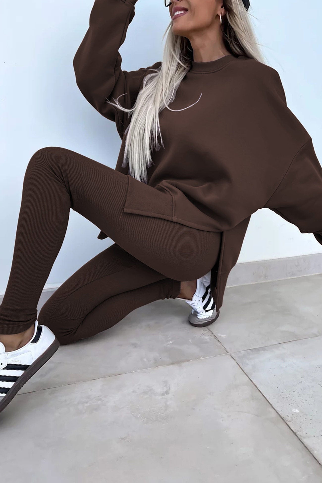 Women's spring round neck sweatshirt with side slit and leggings set