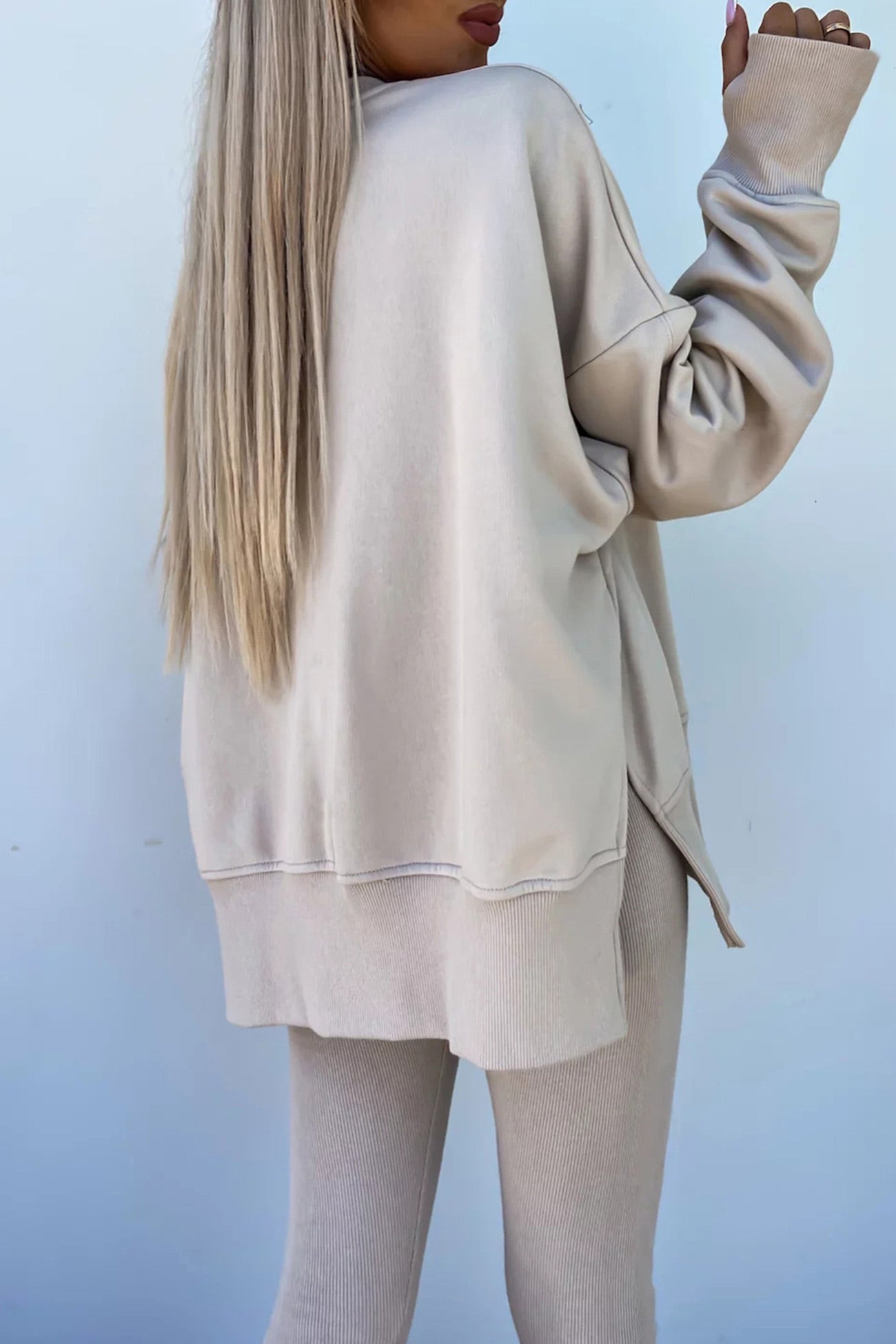 Women's spring round neck sweatshirt with side slit and leggings set