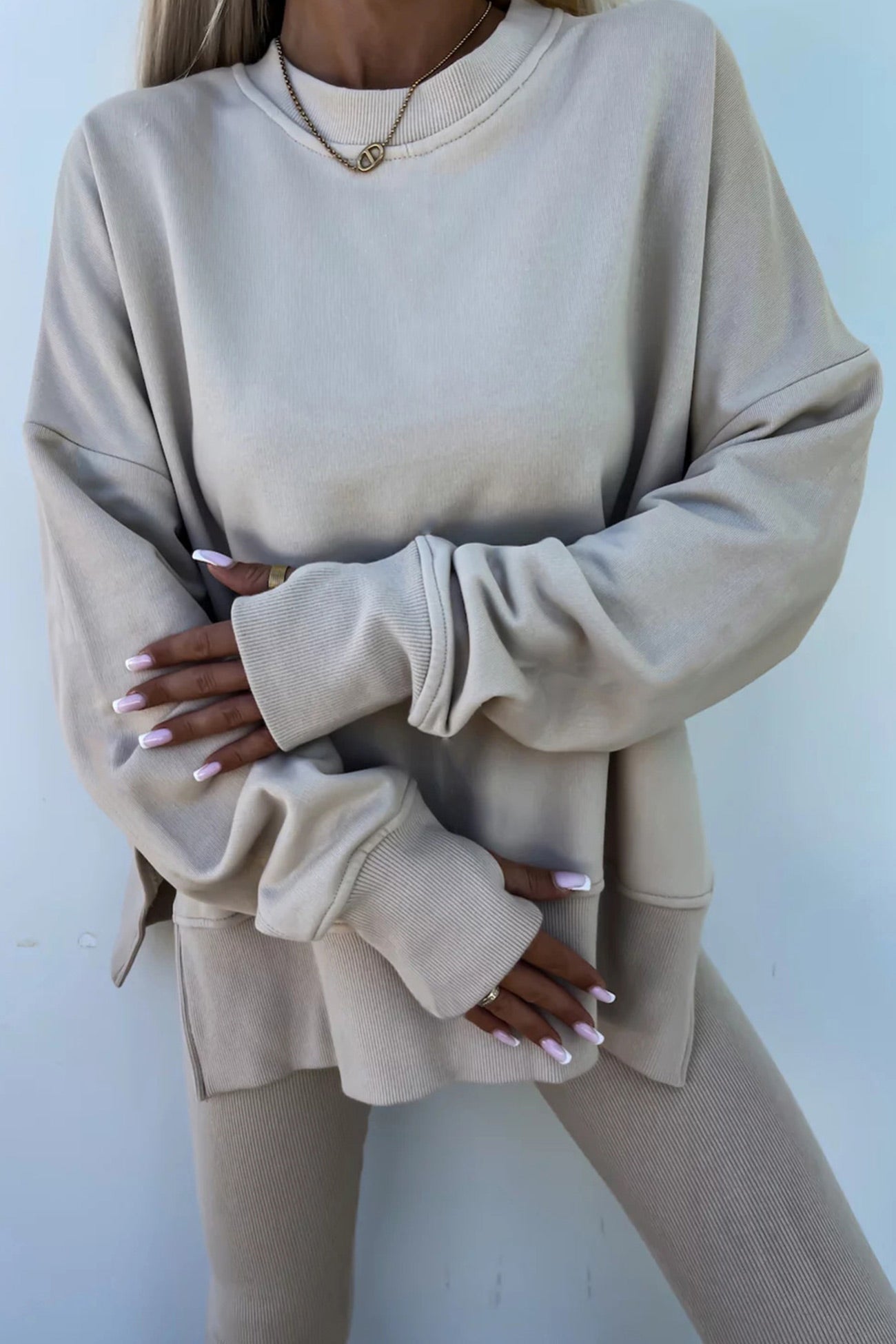 Women's spring round neck sweatshirt with side slit and leggings set