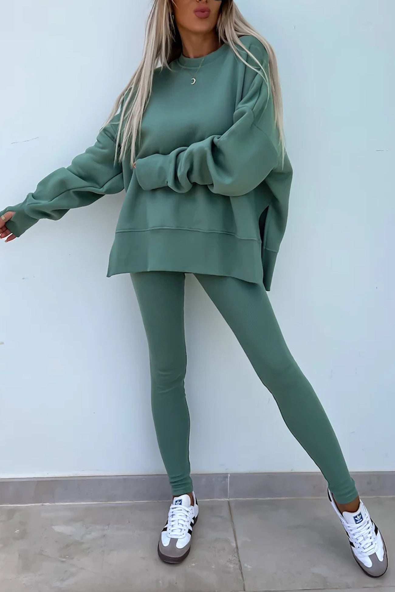 Women's spring round neck sweatshirt with side slit and leggings set