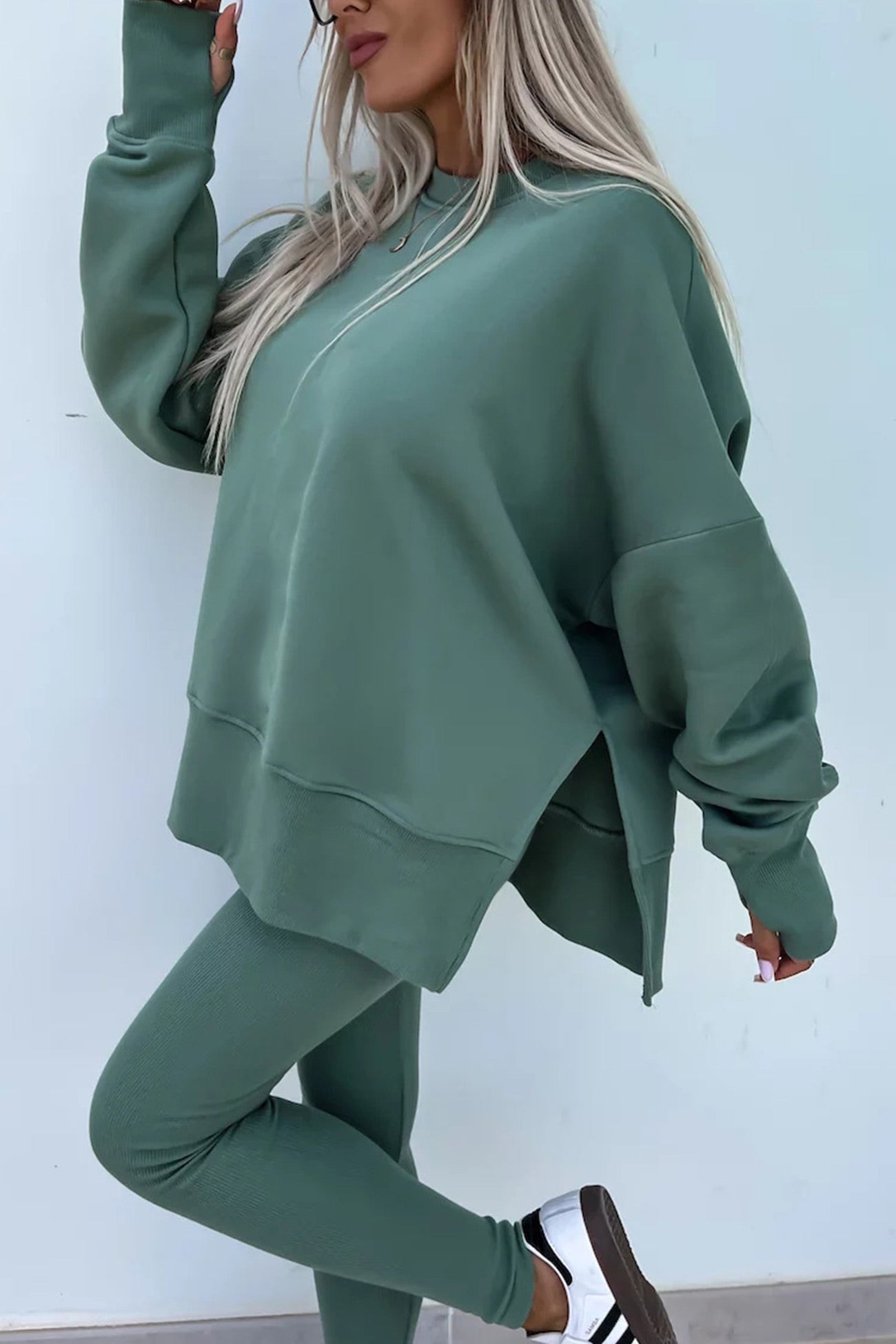 Women's spring round neck sweatshirt with side slit and leggings set