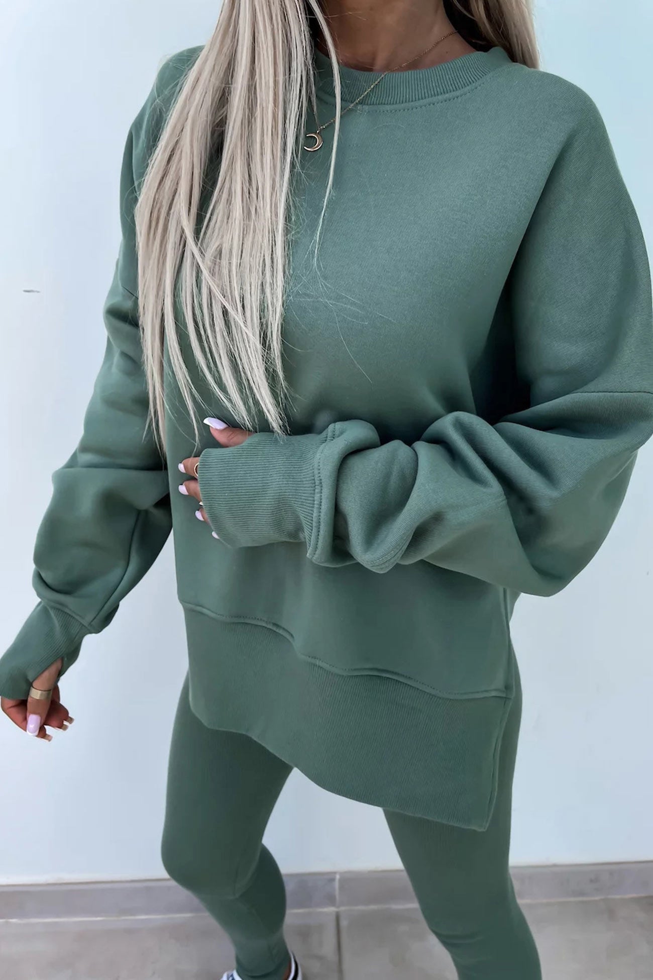 Women's spring round neck sweatshirt with side slit and leggings set