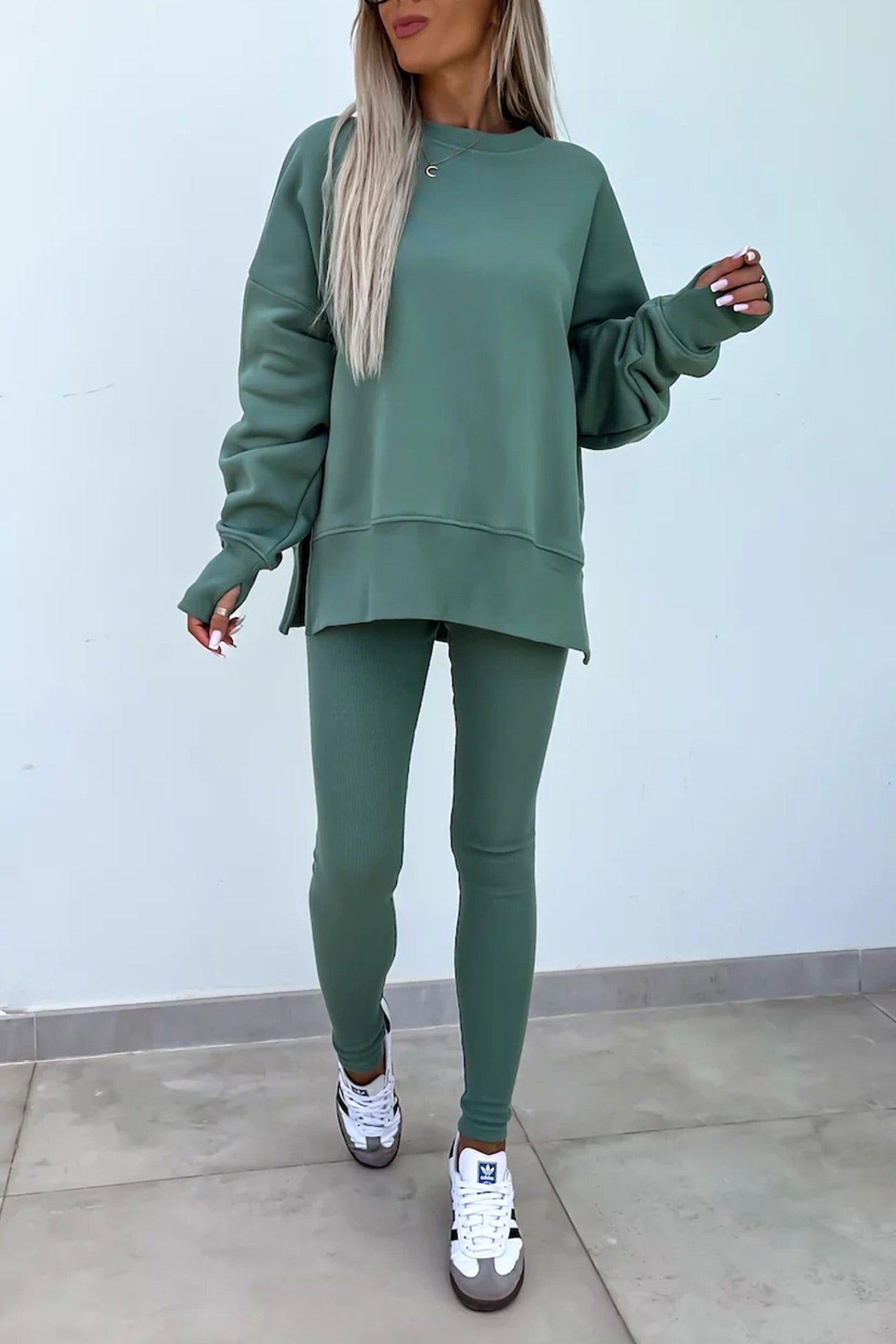 Women's spring round neck sweatshirt with side slit and leggings set