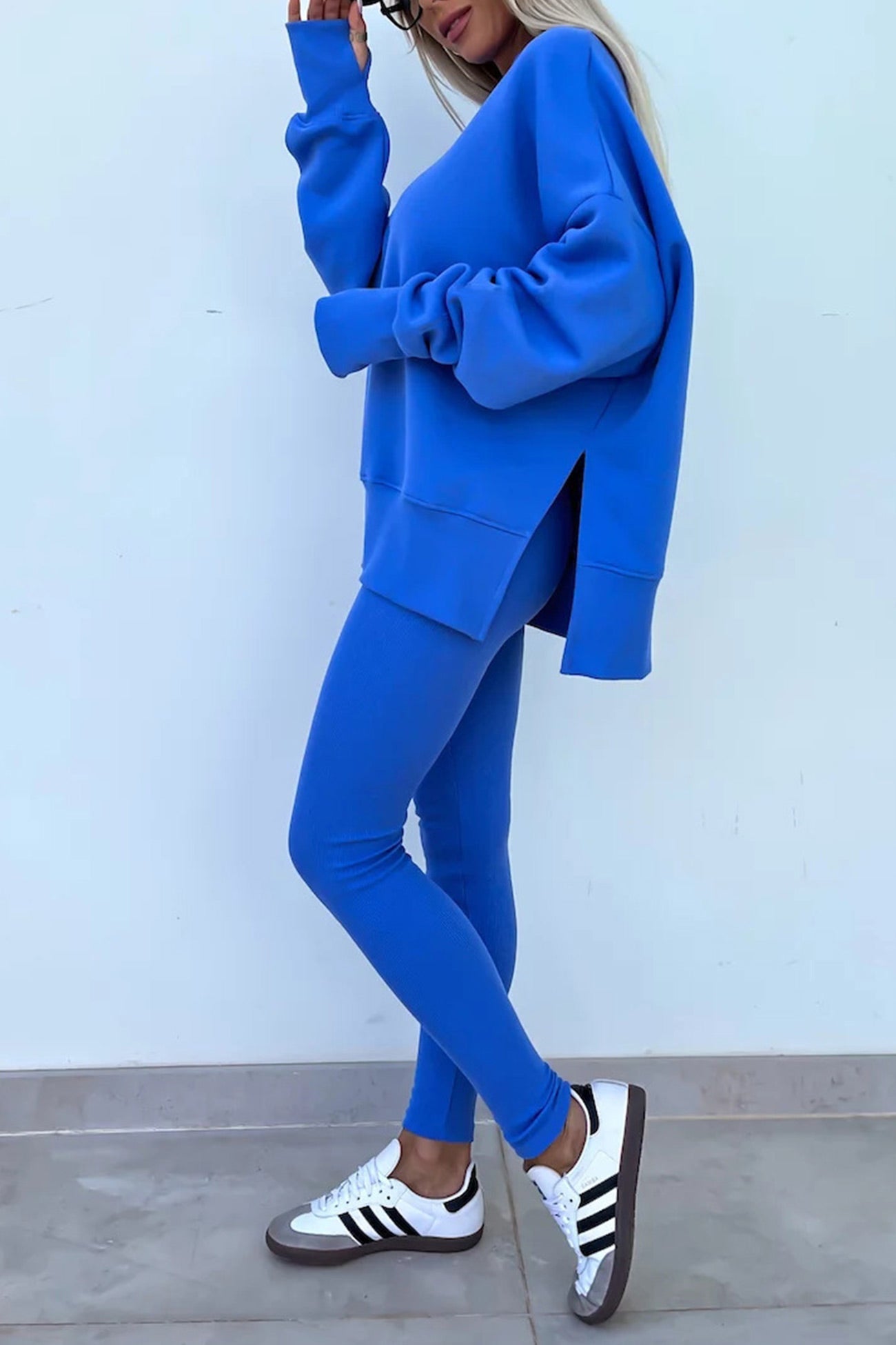 Women's spring round neck sweatshirt with side slit and leggings set