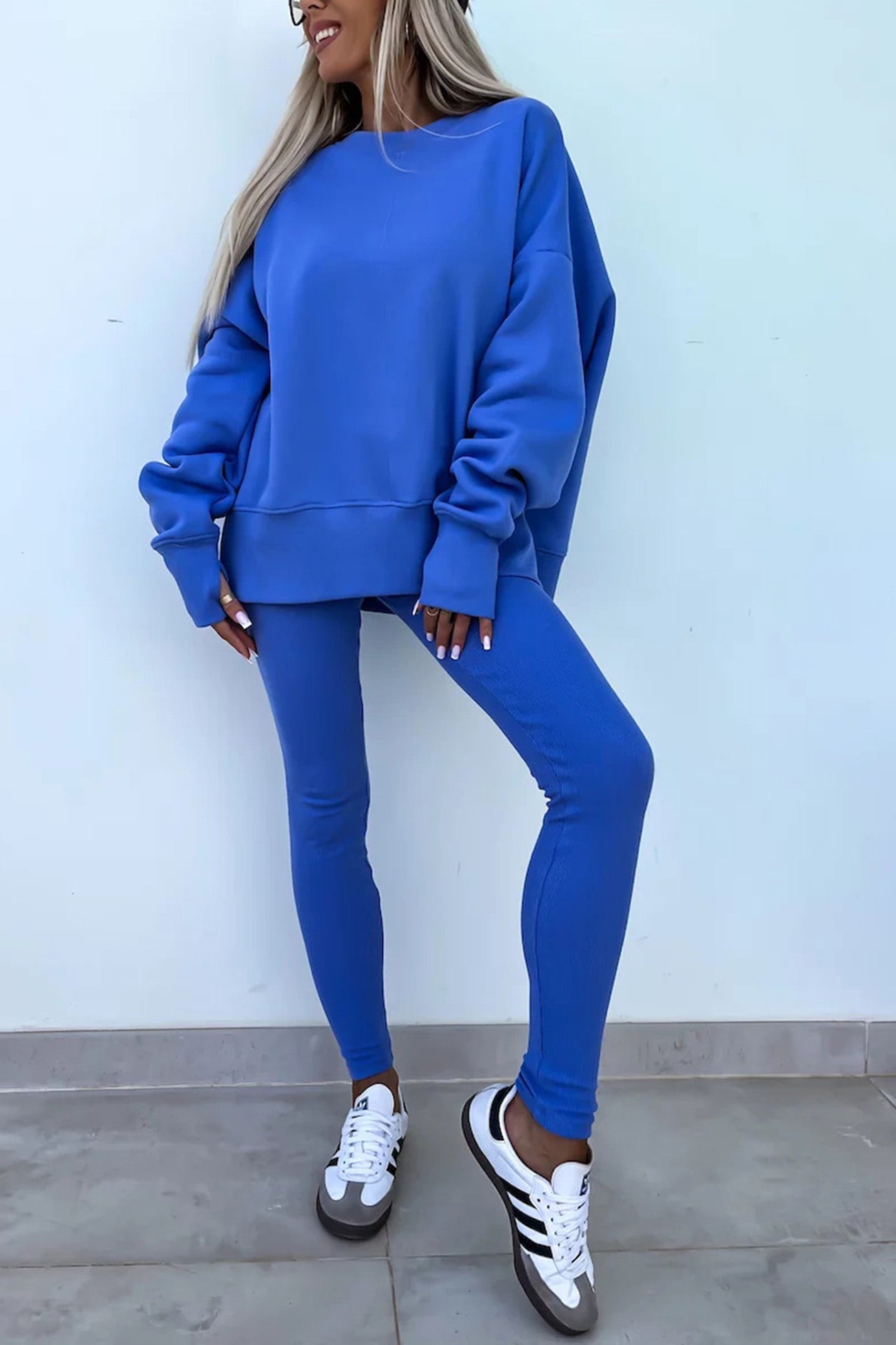 Women's spring round neck sweatshirt with side slit and leggings set