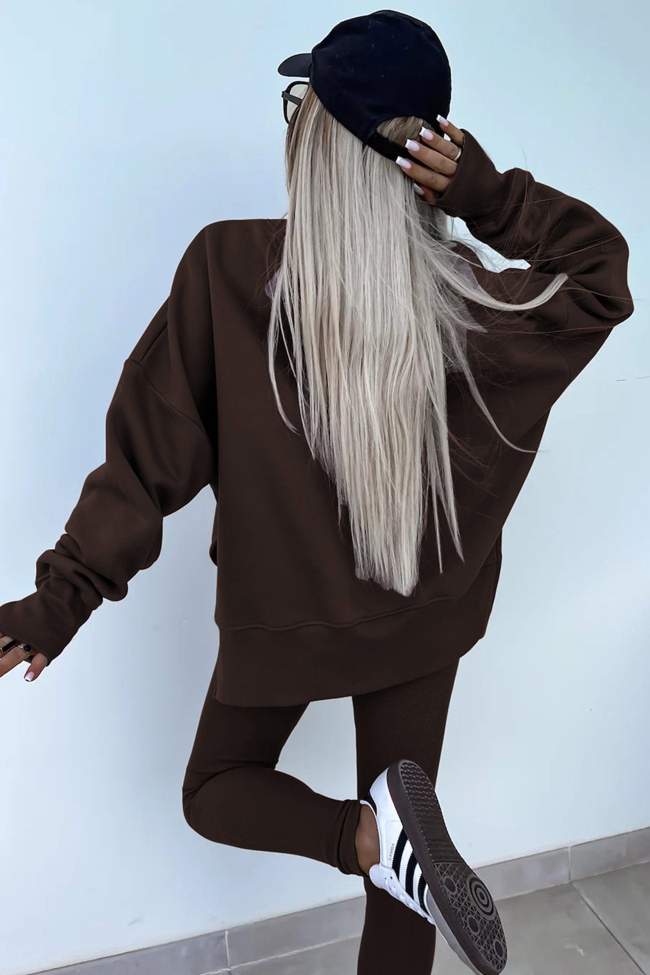 Women's spring round neck sweatshirt with side slit and leggings set