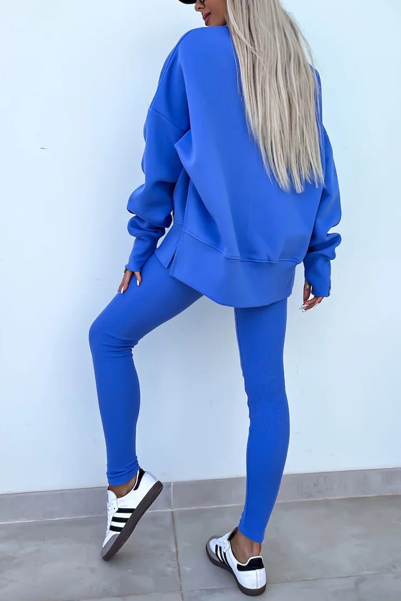 Women's spring round neck sweatshirt with side slit and leggings set