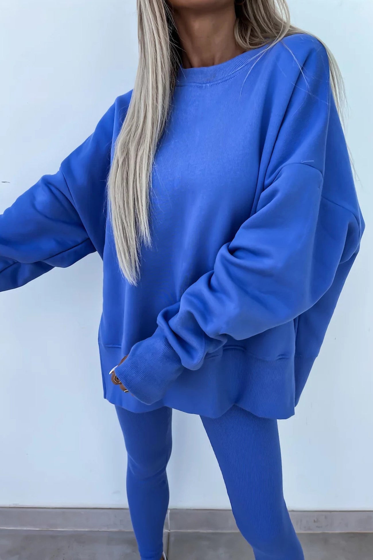 Women's spring round neck sweatshirt with side slit and leggings set
