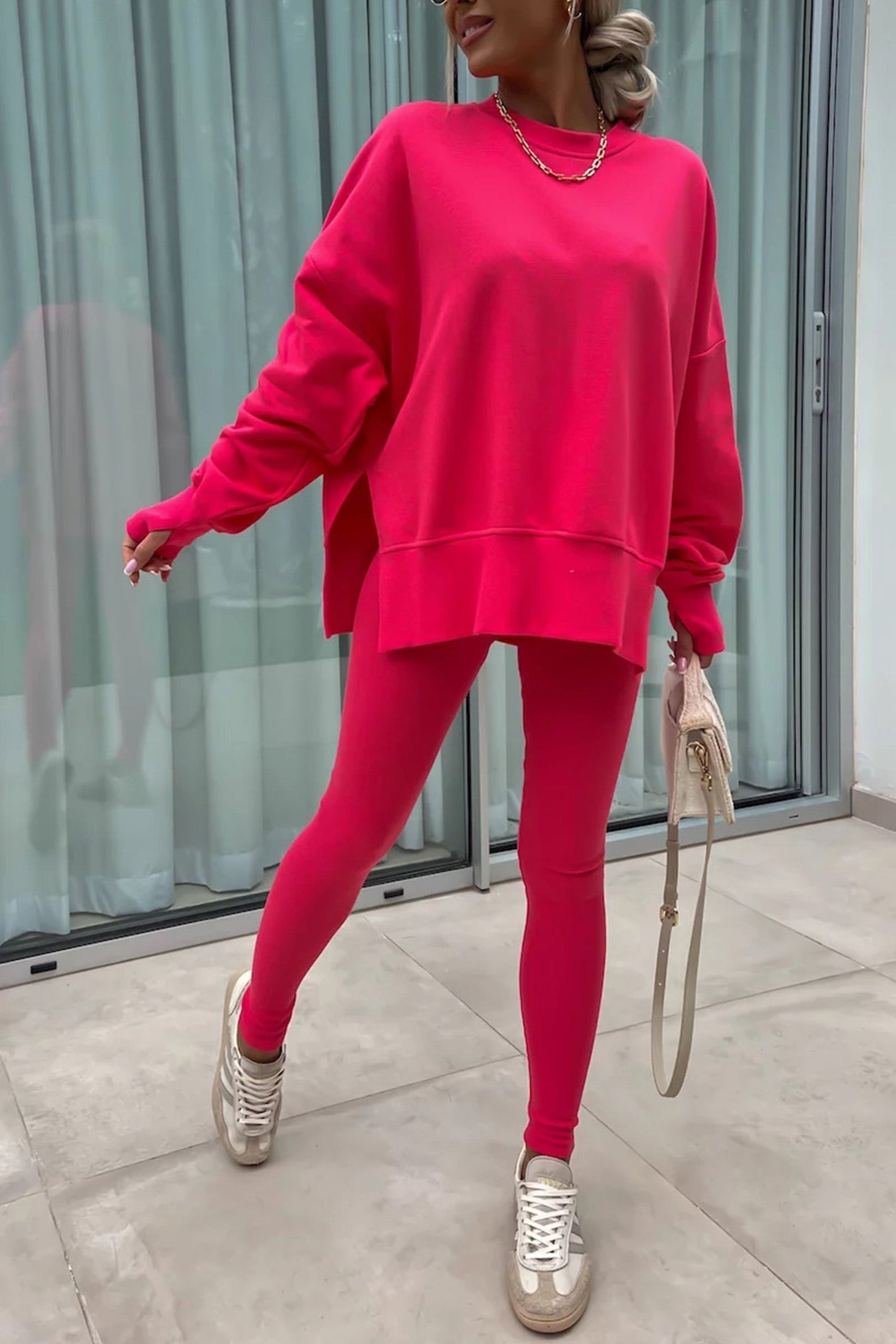 Women's spring round neck sweatshirt with side slit and leggings set