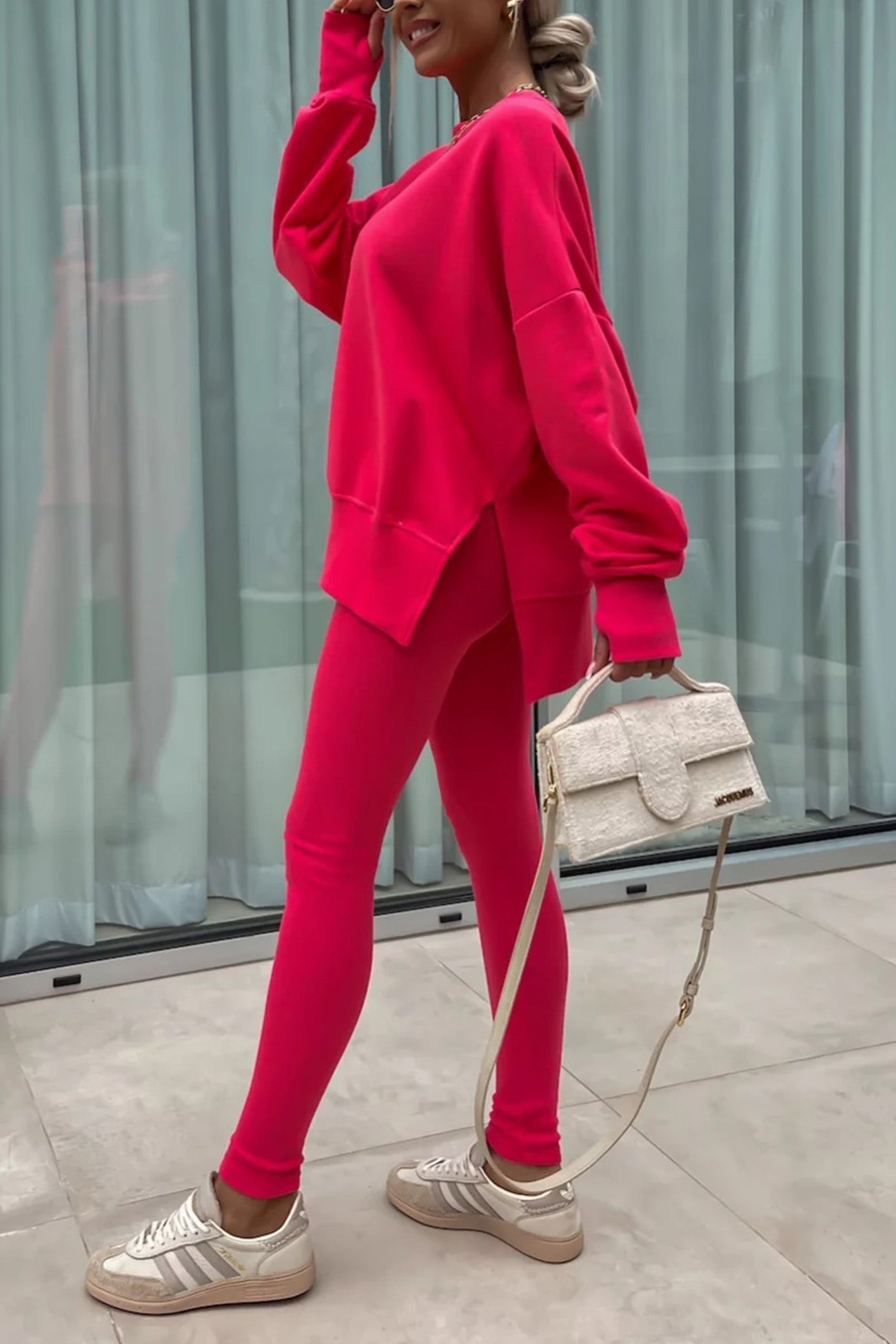 Women's spring round neck sweatshirt with side slit and leggings set