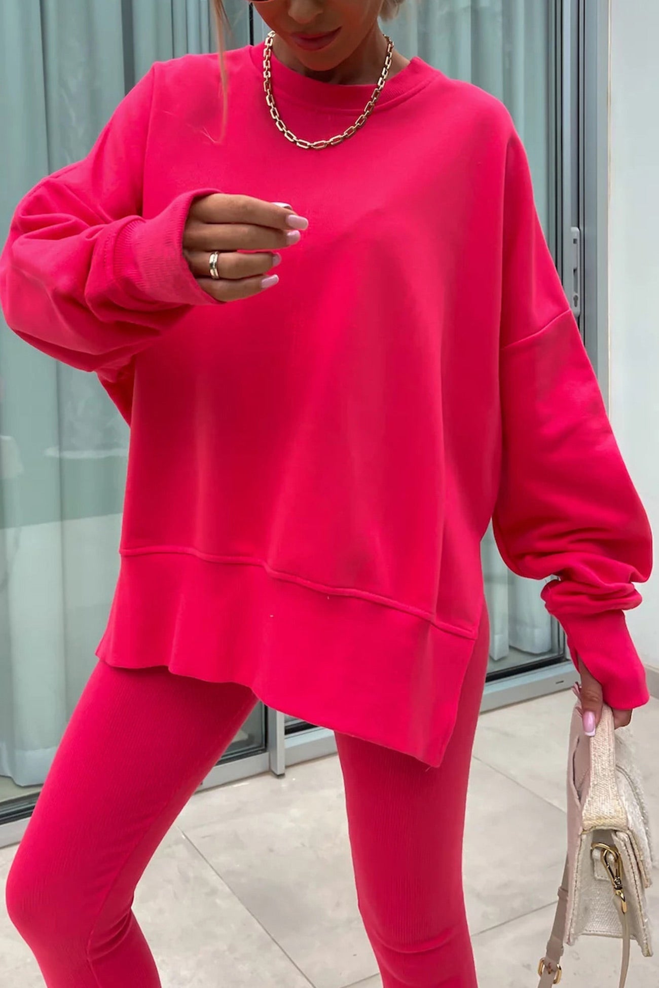 Women's spring round neck sweatshirt with side slit and leggings set