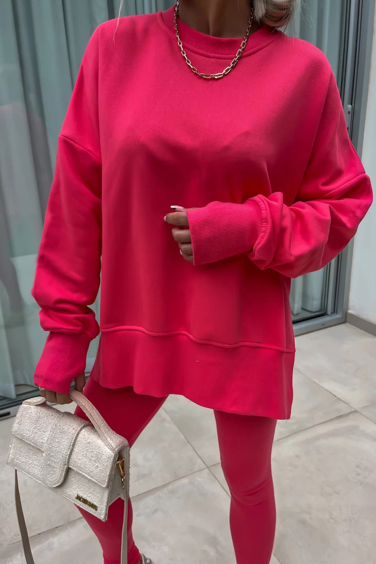 Women's spring round neck sweatshirt with side slit and leggings set