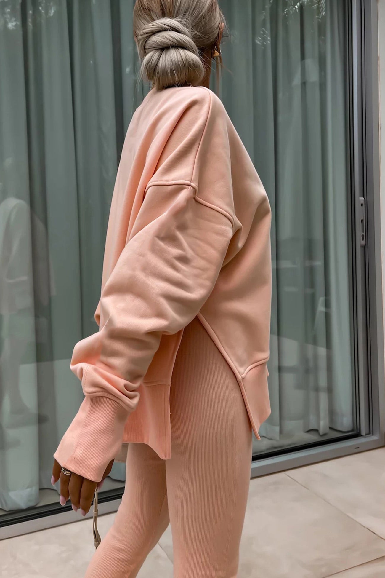 Women's spring round neck sweatshirt with side slit and leggings set