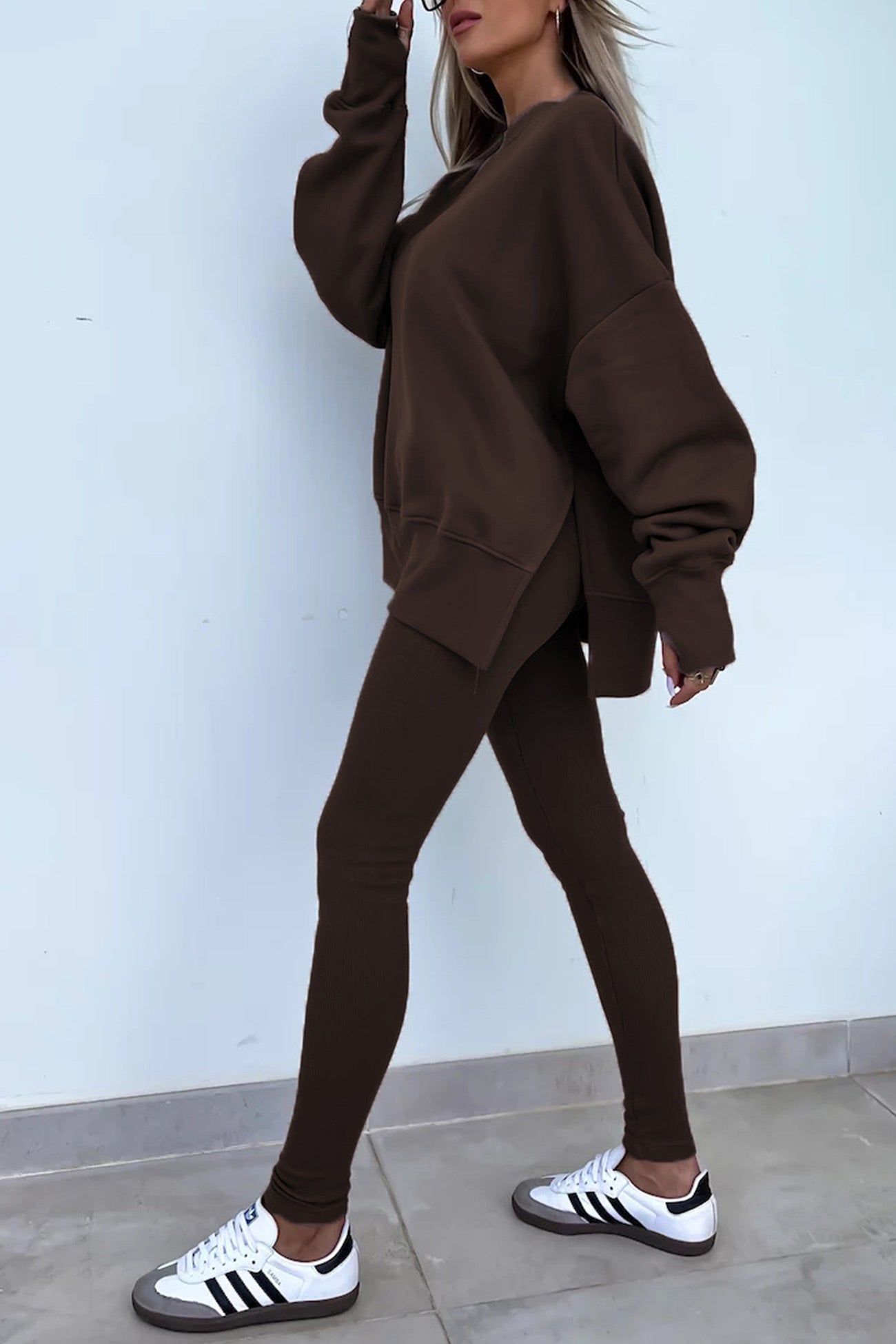 Women's spring round neck sweatshirt with side slit and leggings set