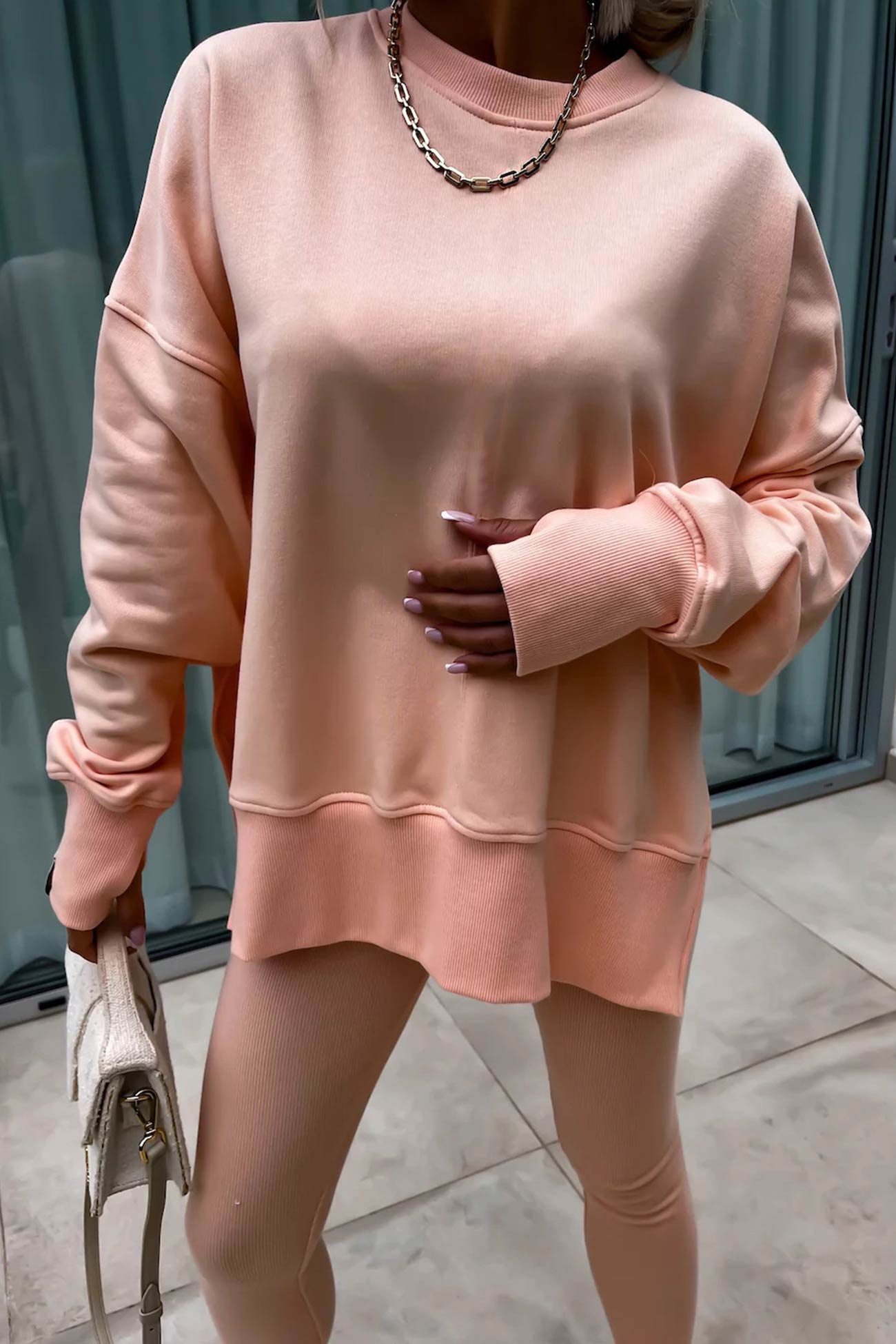 Women's spring round neck sweatshirt with side slit and leggings set