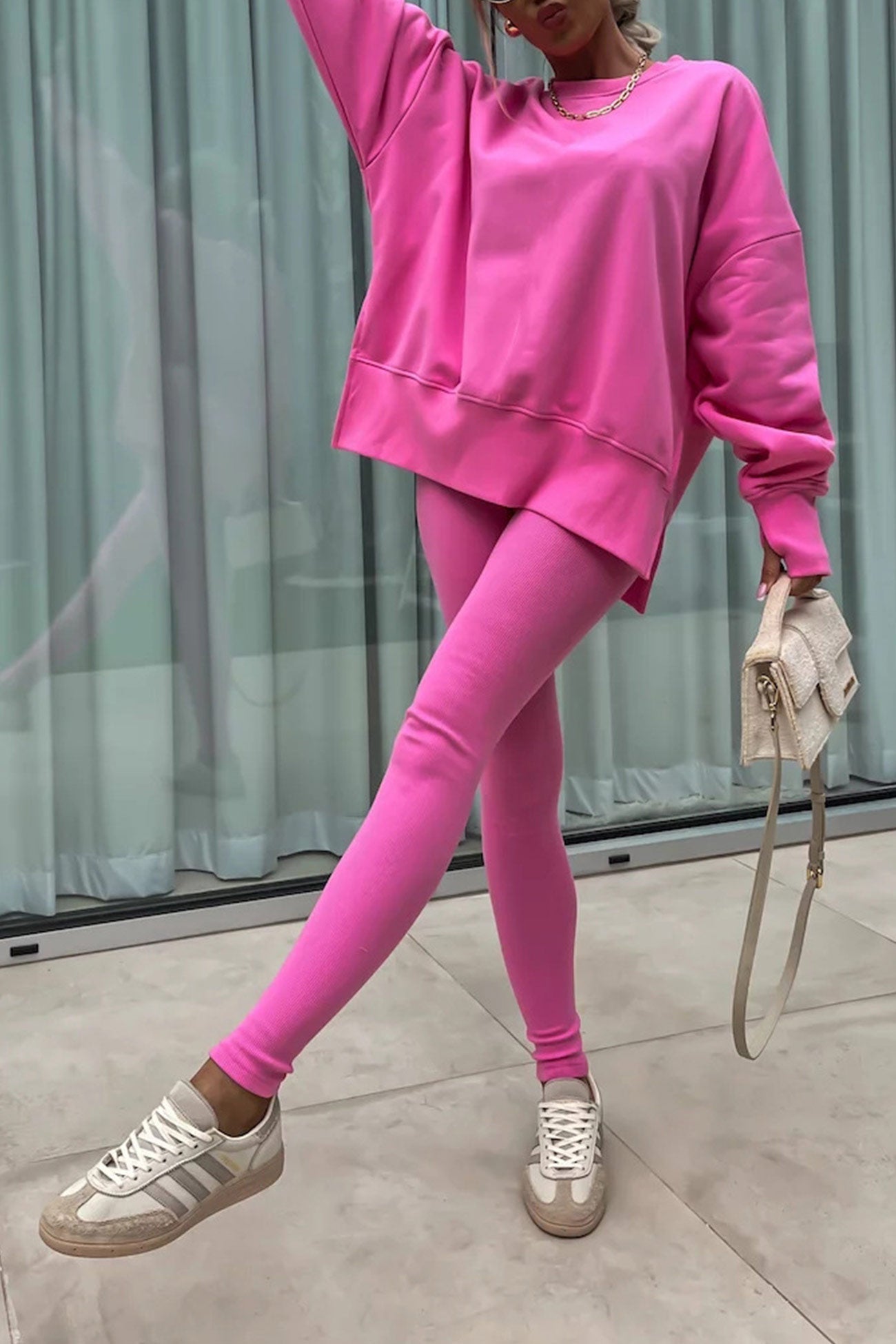 Women's spring round neck sweatshirt with side slit and leggings set