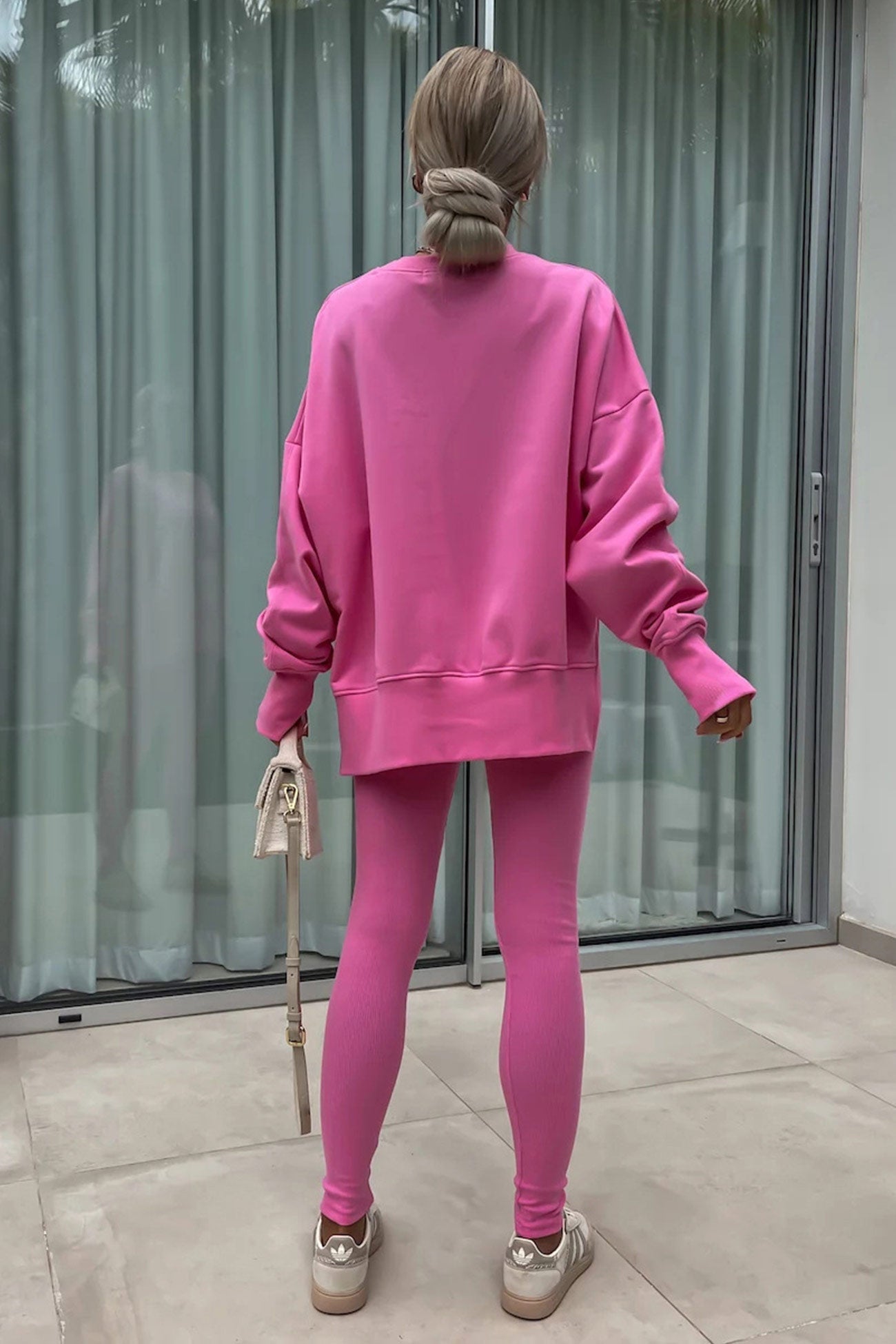 Women's spring round neck sweatshirt with side slit and leggings set