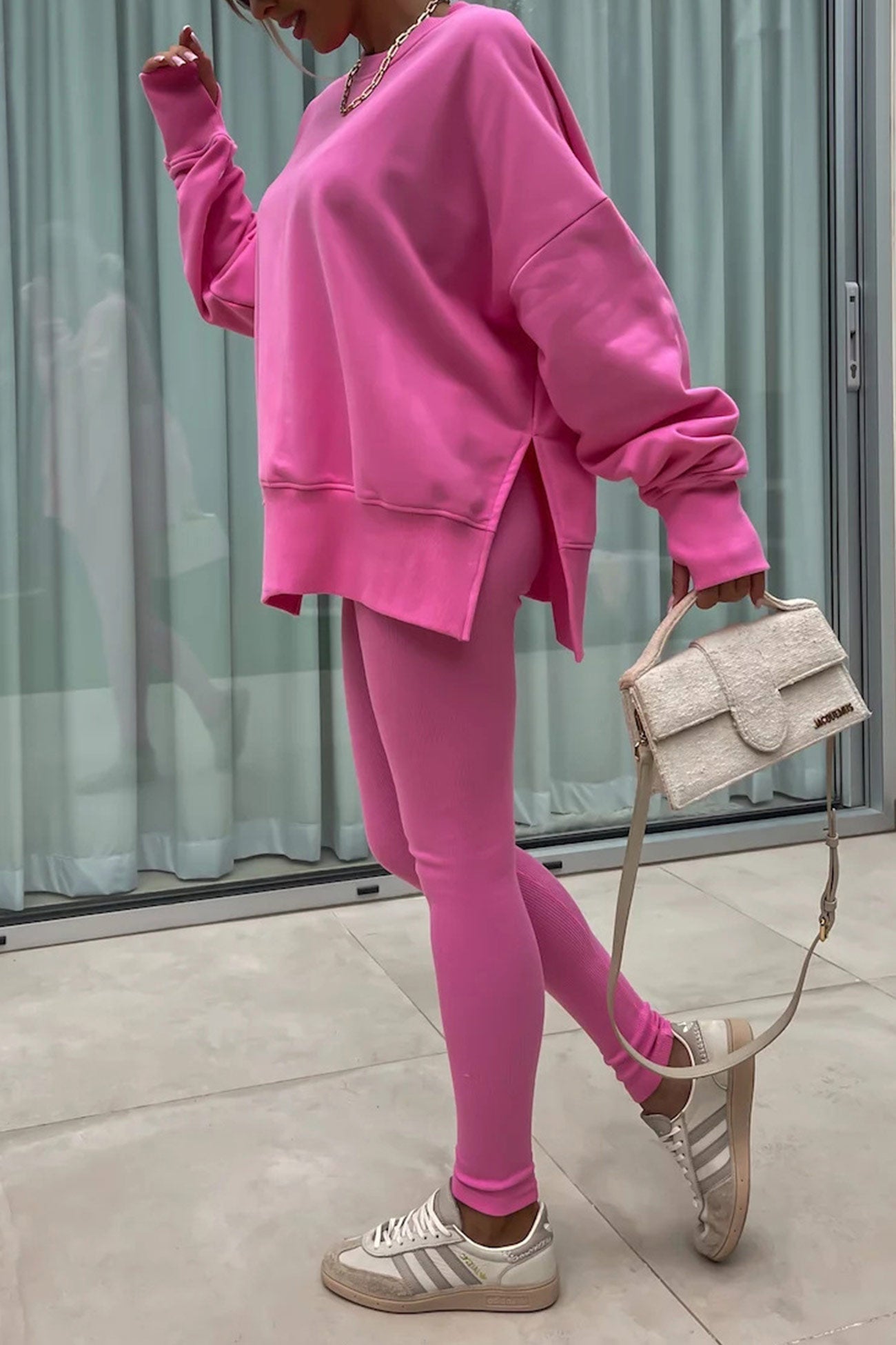 Women's spring round neck sweatshirt with side slit and leggings set
