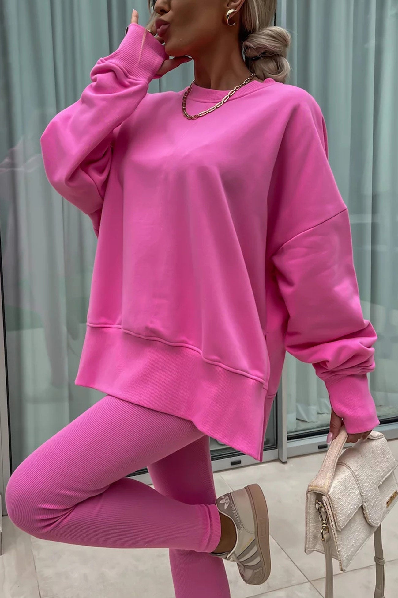 Women's spring round neck sweatshirt with side slit and leggings set