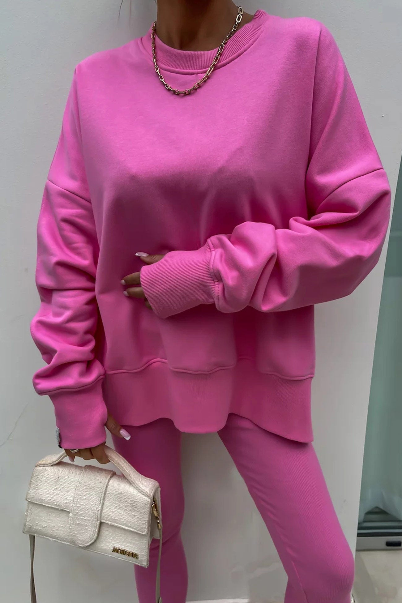 Women's spring round neck sweatshirt with side slit and leggings set